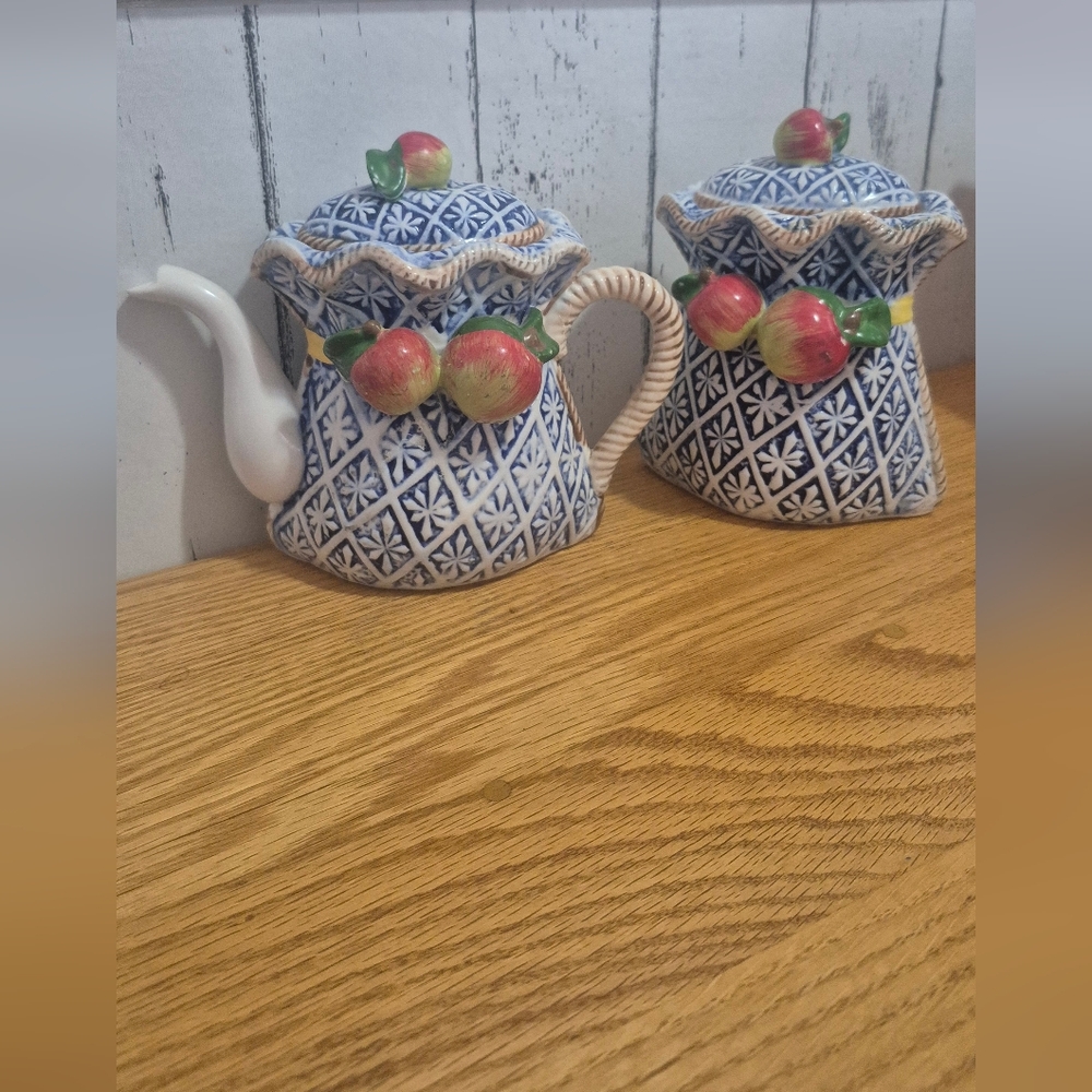 Vintage Blue and White Ceramic Teapot and Sugar Bowl Set
